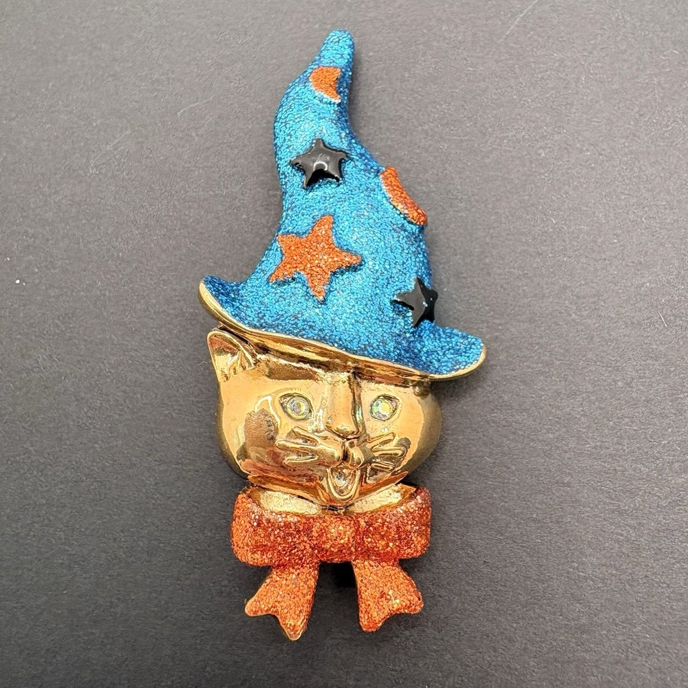 Vintage Kirks Folly Halloween Cat Witch Brooch Glitter Crystal Eyes Gold Tone
